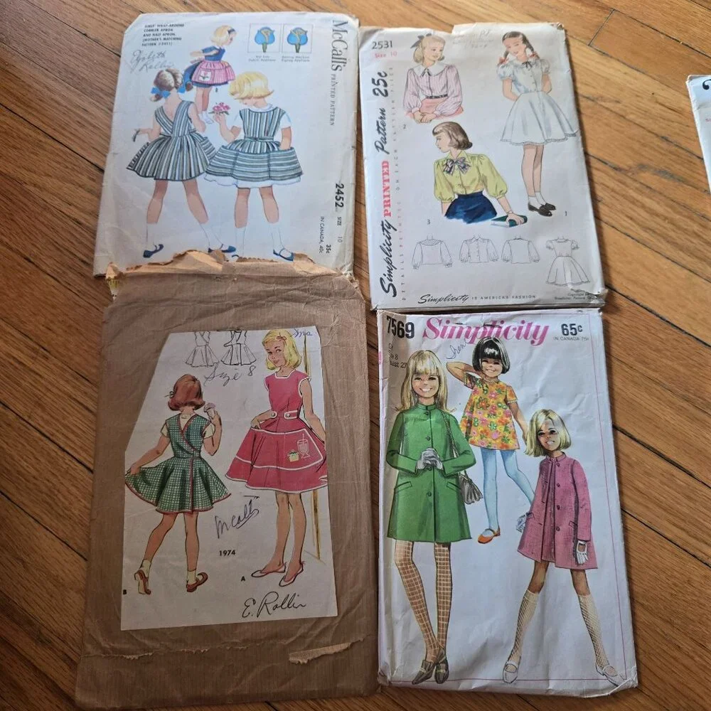 vintage kids sewing patterns mixed lot 40s - 80s blouse, apron, pants unverified